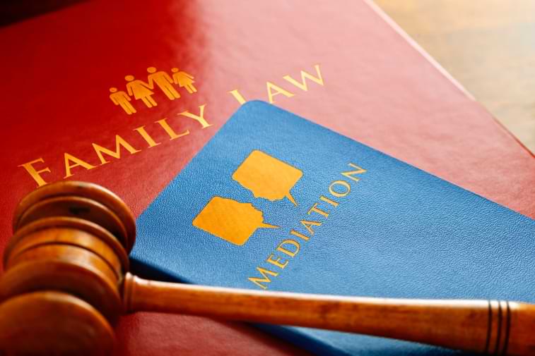 judge gavel laying on top of mediation book and family law book